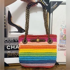 Kurt Geiger Rainbow Raffia shoulder bag/ tote w chunky chain and leather straps